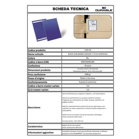Tasche per identificazione Durable con bande adesive blu f.to esterno mm. 233x 313x1,7- inserto A4 vert. cf. 50- 179707